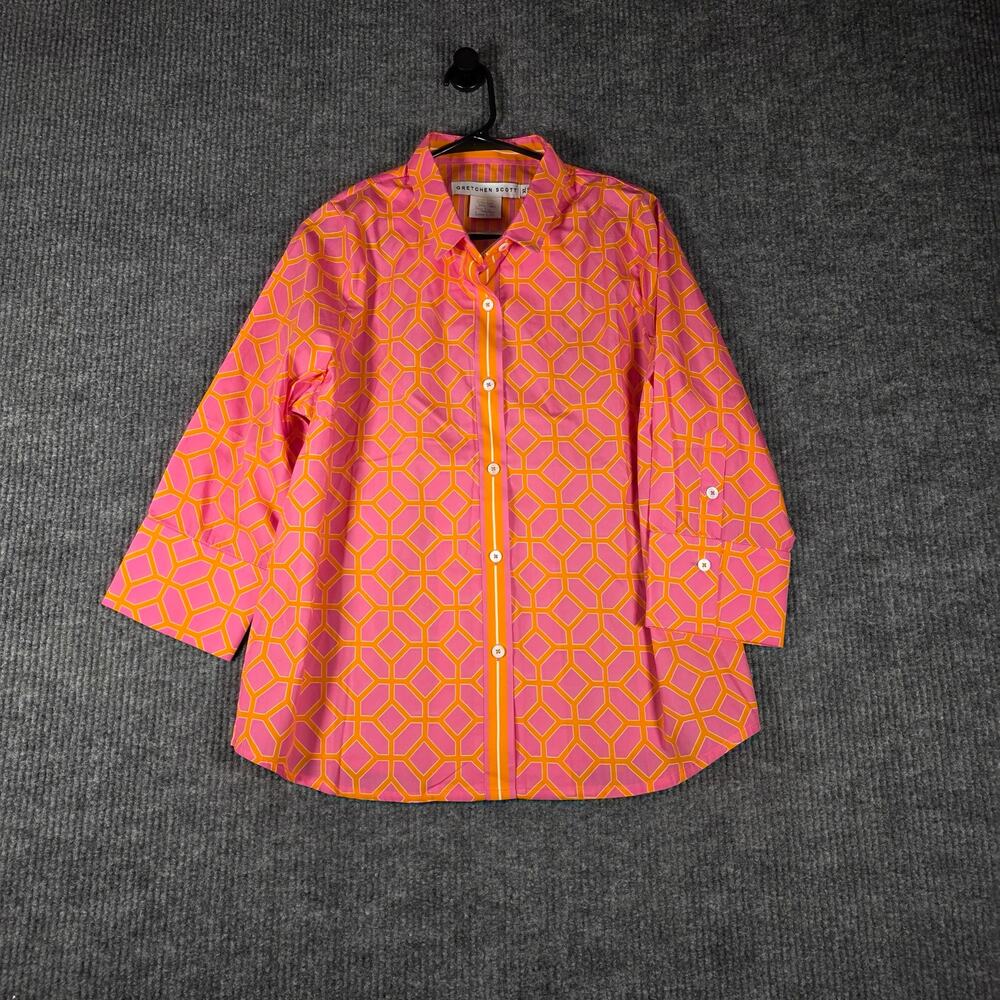Gretchen Scott XL NWT Pink Orange Geometric Button Front 3/4 Sleeve Top